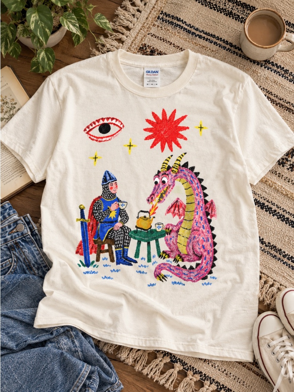 Dragon Tea Party Shirt Knight Pink Dragon Folk Art Graphic Tee Gildan